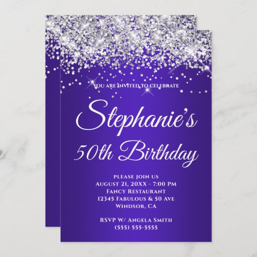 スパークリー銀グリッターインディゴパープルグラディエント 招待状 (正面/裏面)