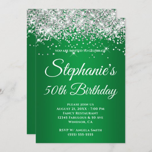 スパークリー銀グリッターグリーングラディエント 招待状 (正面/裏面)