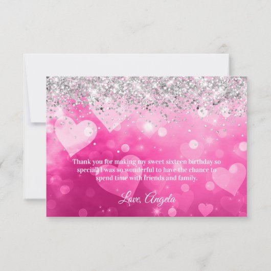 スパークリー銀グリッターピンクグラデーションハート サンキューカード (裏面)