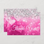 スパークリー銀グリッターピンクグラデーションハート サンキューカード (正面/裏面)