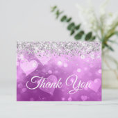 スパークリー銀グリッターラベンダーグラディエントハート サンキューカード (スタンド正面)