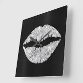 スパークリー銀グリッターリップスティックブラックフォイル スクエア壁時計 (傾斜)