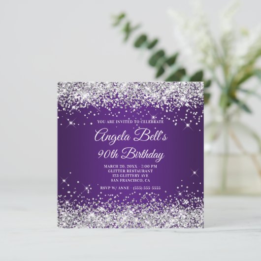 スパークリー銀グリッター王室のパープル90誕生日 招待状 (スタンド正面)