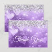 スパークリー銀グリッター紫グラデーションハート サンキューカード (正面/裏面)
