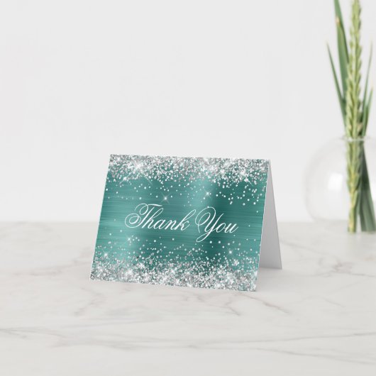 スパークリー銀フェイクグリッターアクアティール（緑がかった色）箔 サンキューカード (正面)