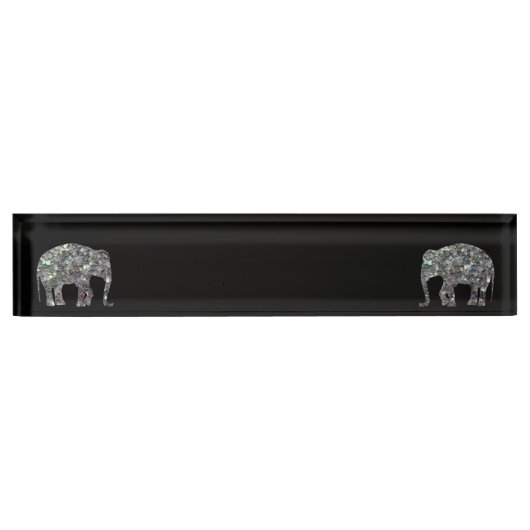 スパークリー銀モザイクグリッターエレファントブラック デスクネームプレート (正面)