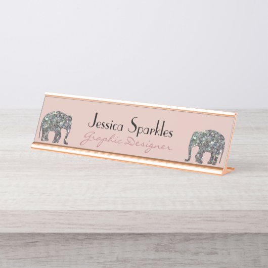 スパークリー銀モザイクグリッターゾウバラピンク デスクネームプレート (正面)