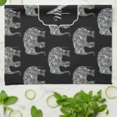 スパークリー銀モザイクグリッター象モノグラム キッチンタオル (折り畳み)