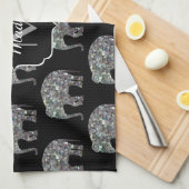 スパークリー銀モザイクグリッター象モノグラム キッチンタオル (四つ折り)