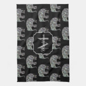 スパークリー銀モザイクグリッター象モノグラム キッチンタオル (縦)