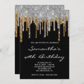 スパークリー銀金ゴールドグリッタードリップスブラック誕生日 招待状 (正面/裏面)