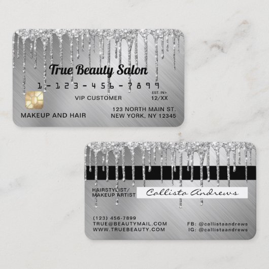 スパークリー銀金属グリッタードリップクレジット 名刺 (正面/裏面)