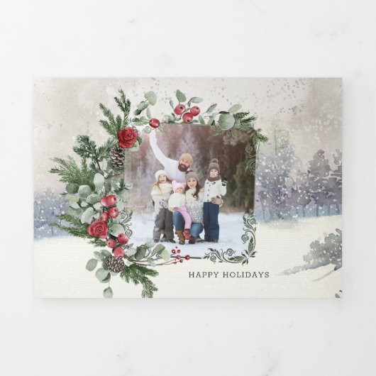 スパークリー雪のシーン冬のフローラ写真 三つ折りクリスマスカード (カバー)