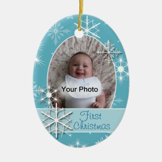 スパークリー雪の結晶フォトクリスマスオーナメント セラミックオーナメント (正面)