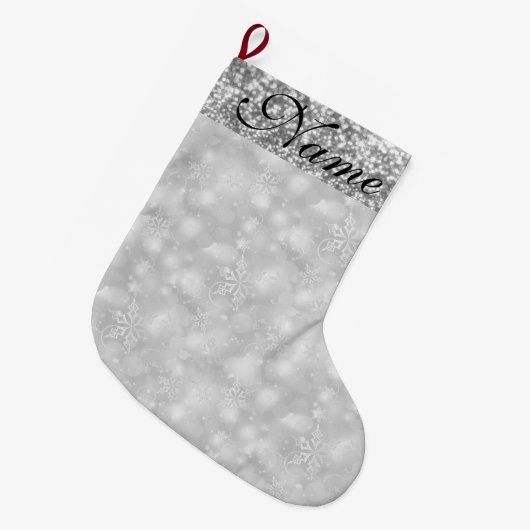 スパークリー雪片、シルバー&シルバーグリッター- ラージクリスマスストッキング (正面 (吊り時))
