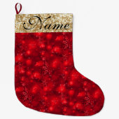スパークリー雪片、赤と金ゴールドグリッター- ラージクリスマスストッキング (正面)