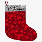 スパークリー雪片、赤と銀のグリッター- ラージクリスマスストッキング (正面)