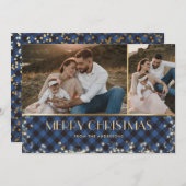 スパークリー青バッファロープレイド金ゴールド写真クリスマス シーズンカード (正面/裏面)