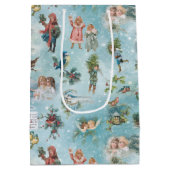 スパークリー魔法の冬のヴィンテージクリスマスコラージュ ミディアムペーパーバッグ (裏面)