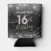 スパークリー16誕生日シルバーグリッター&ブラック 缶クーラー (正面)