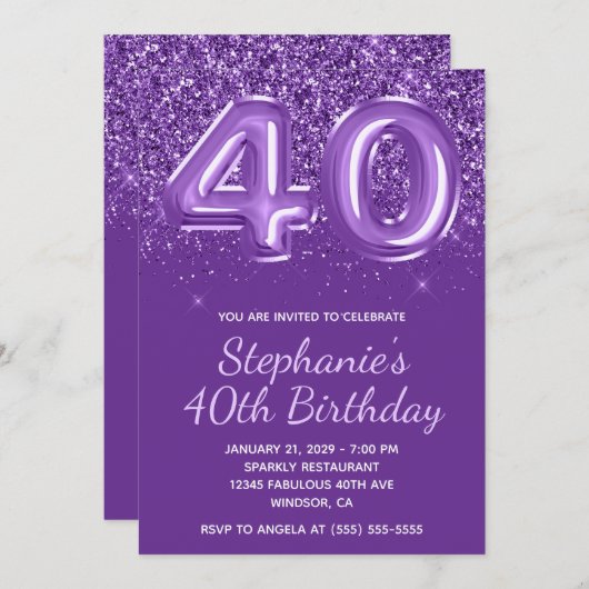 スパークリー グリッタリー ロイヤルパープル ナンバー 40 誕生日 招待状 (正面/裏面)