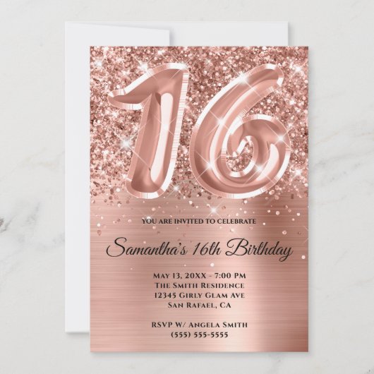 スパークリー・グリッタリー・ローズゴールド・グلام 16歳の誕生日 招待状 (正面)