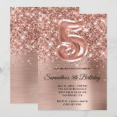スパークリー・グリッタリー・ローズゴールド・グلام 5歳の誕生日 招待状 (正面/裏面)