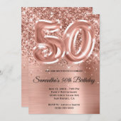 スパークリー・グリッタリー・ローズゴールド・グリッター 50歳の誕生日 招待状 (正面/裏面)