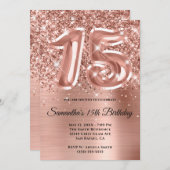 スパークリー・グリッタリー・ローズゴールド・グリ 15歳の誕生日 招待状 (正面/裏面)