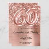 スパークリー・グリッタリー・ローズゴールド・グリ 60歳の誕生日 招待状 (正面/裏面)