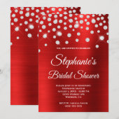 スパークリー ダイヤモンド レッド サテン ホイル ブライダル シャワー 招待状 (正面/裏面)