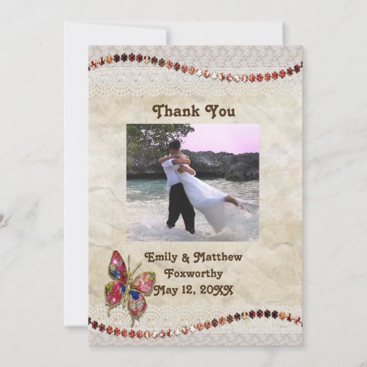 スパークリー バタフライ、レース & 羊皮紙 誕生日カード サンキューカード (正面)