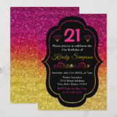 スパークリー ピンク & イエロー グラデーション グリッター 誕生日 招待状 (正面/裏面)