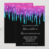 スパークリー ピンク ティール グラデーション ドリップ ブラック キンセニエラ 招待状 (正面/裏面)