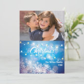 スパークリー ブルー スノーフレーク クリスマス フォト カード (スタンド正面)