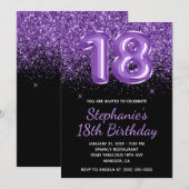 スパークリー ロイヤル パープル グリッター ブラック ナンバー 18 招待状 (正面/裏面)