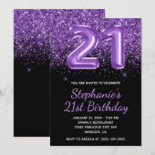 スパークリー ロイヤル パープル グリッター ブラック ナンバー 21 招待状 (正面/裏面)