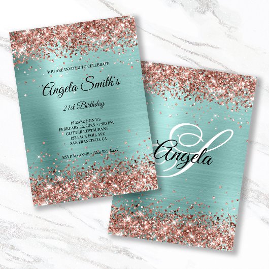 スパークリー ローズゴールド グリッター ターコイズ フォイル モノグラム 招待状