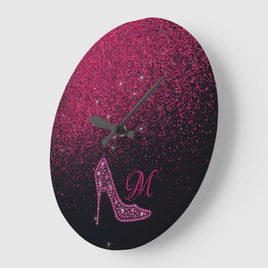 スパークルきらきら光るダイヤモンドグリッターハイヒールピンク ラージ壁時計 (傾斜)