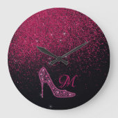 スパークルきらきら光るダイヤモンドグリッターハイヒールピンク ラージ壁時計 (正面)