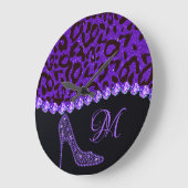 スパークルきらきら光るダイヤモンドグリッターヒョウ紫 ラージ壁時計 (傾斜)