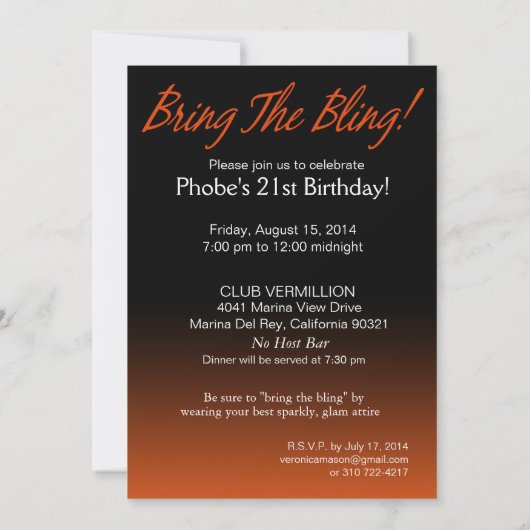 スパークルきらきら光る21歳の誕生日を持ち込む | オレンジ 招待状 (裏面)