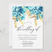 スパークルアクアブルー&金ゴールドフローラ結婚ズ 招待状 (正面)