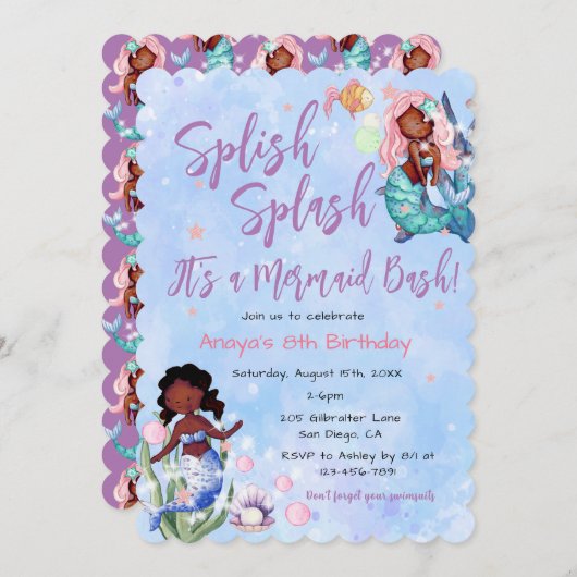 スパークルアフリカンアメリカンマーメイドバッシュ誕生日 招待状 (正面/裏面)