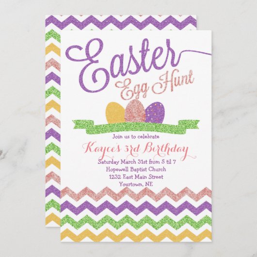 スパークルイースターエッグ狩り誕生日招待状 招待状 (正面/裏面)