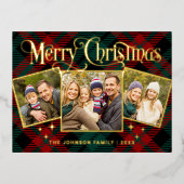 スパークルエレガントクリスマス3写真グリーティング金ゴールド 箔シーズンポストカード (正面)