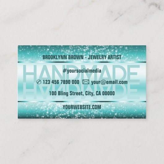 スパークルエレガントグリッターラグジュアリーグラムティール（緑がかった色）グリーン 名刺 (裏面)