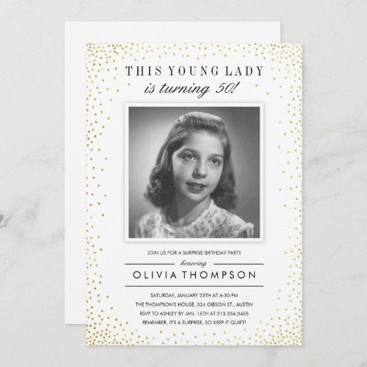 スパークルオールドフォトサプライズパーティの招待状 招待状 (正面/裏面)