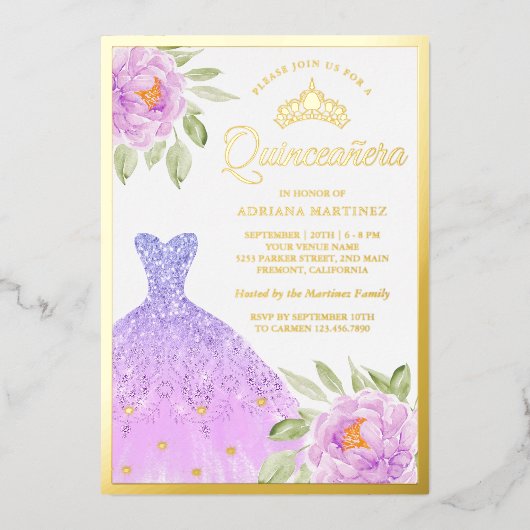 スパークルガウン薄紫パープルフローラキンセアニェラ金ゴールド 箔招待状 (正面)