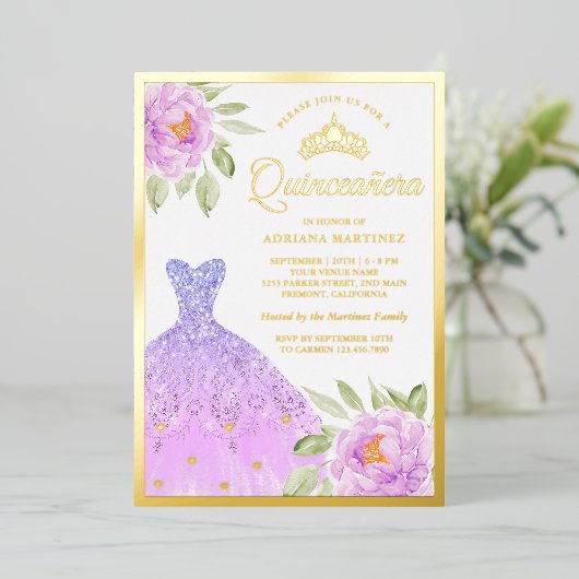 スパークルガウン薄紫パープルフローラキンセアニェラ金ゴールド 箔招待状 (立ち正面)